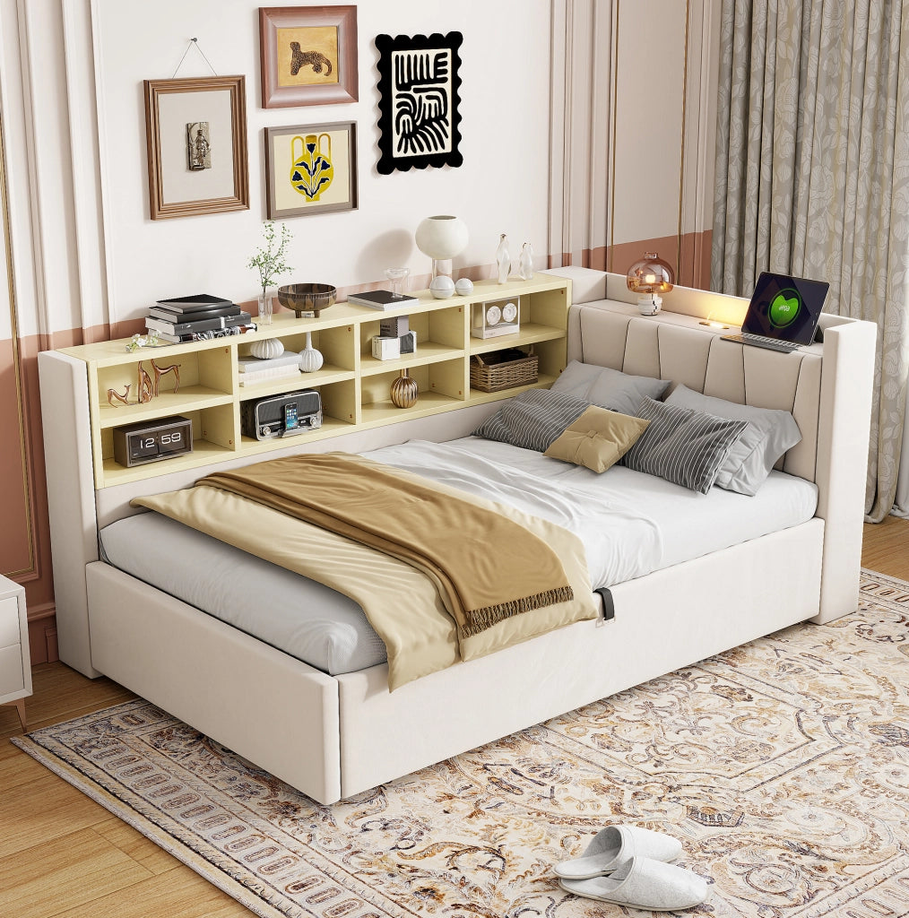 Letto imbottito multifunzione 90x200 cm in velluto beige
