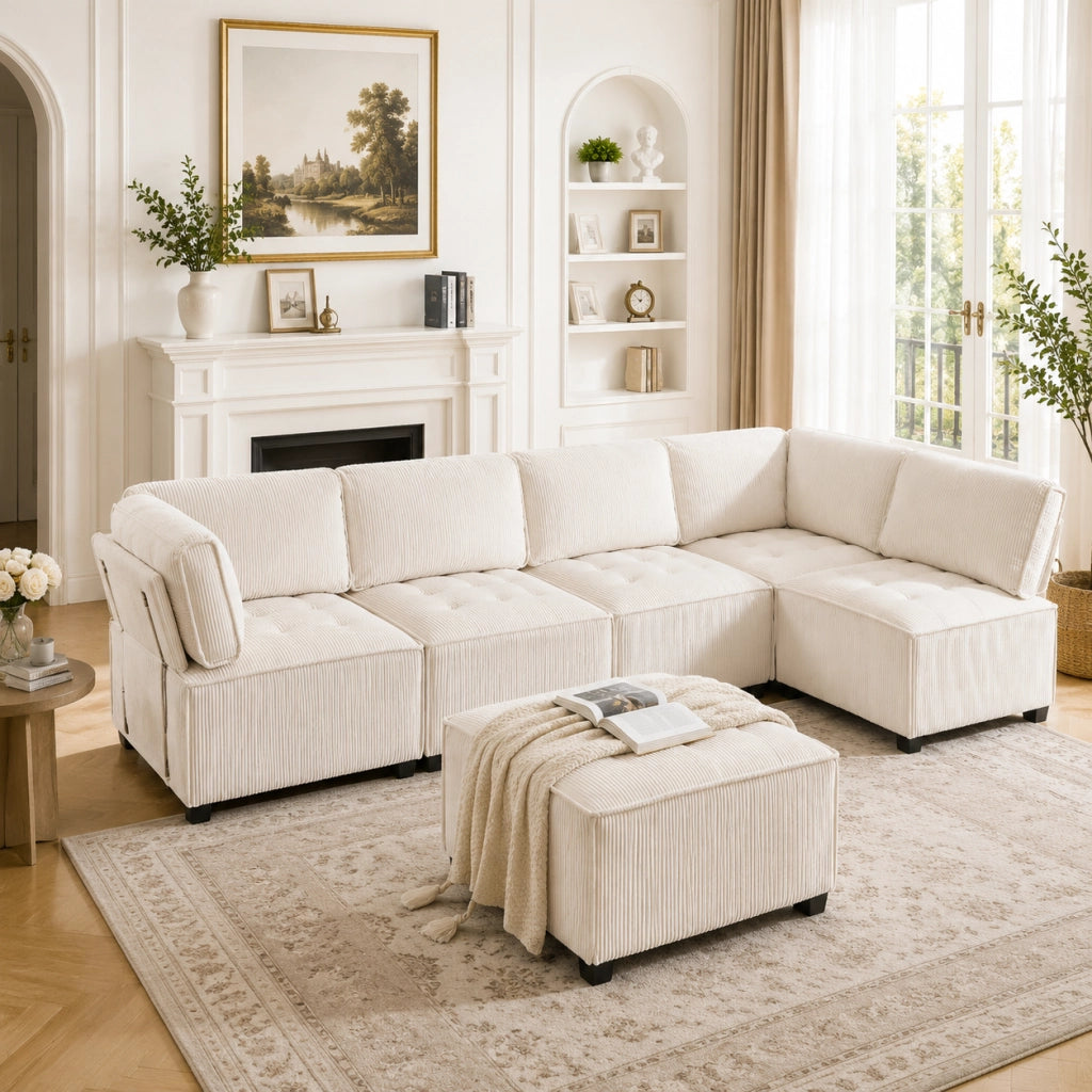 Divano modulare 6 posti in velluto a coste beige; configurabile a U; L o letto