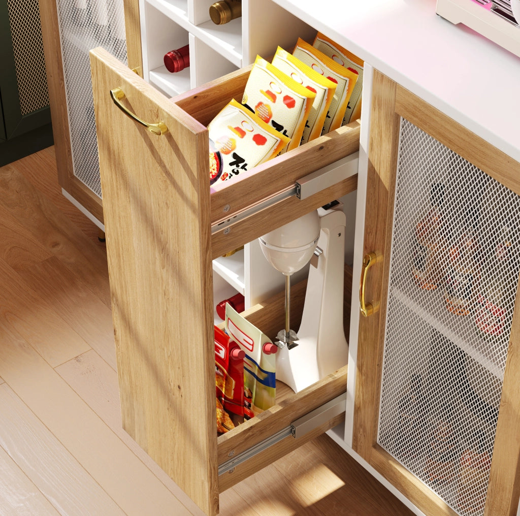 BUFFET 120x40x180 cm in MDF Bianco effetto legno con LED e presa integrata