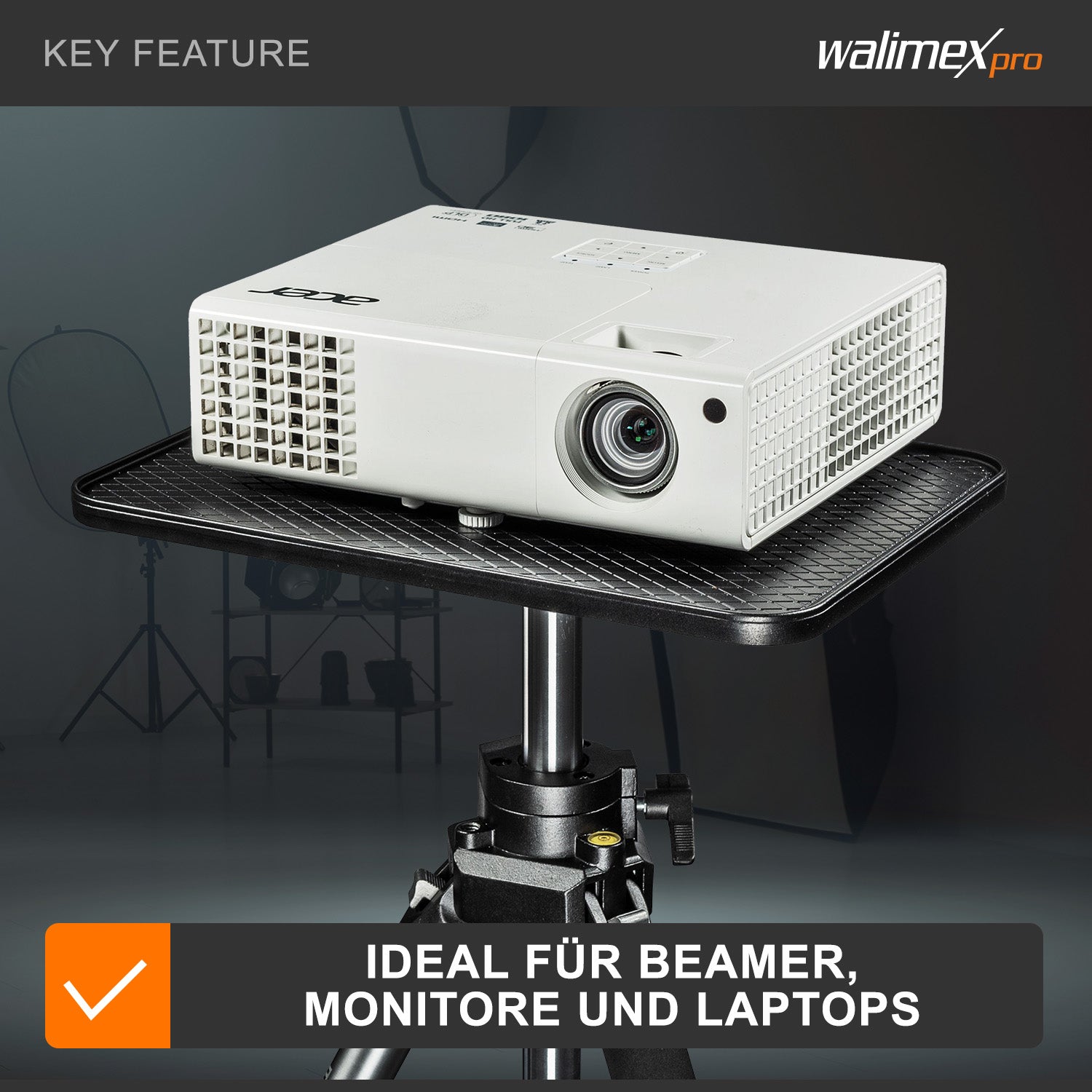 Walimex Pro Laptop Stand 140 cm - stabile e comodo supporto per proiettore e notebook con piastra per laptop + proiettore, regolabile in altezza, altezza massima 140 cm, in alluminio, con borsa