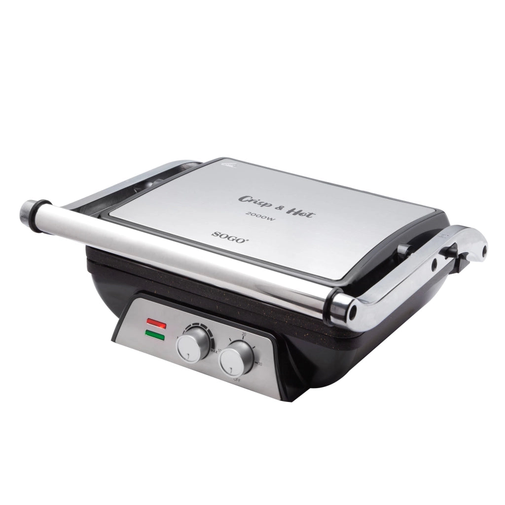 Piastra elettrica per panini e toast, 4 porzioni apertura 180°, piastre antiaderenti pietra 2000W, timer 30 minuti - SOGO