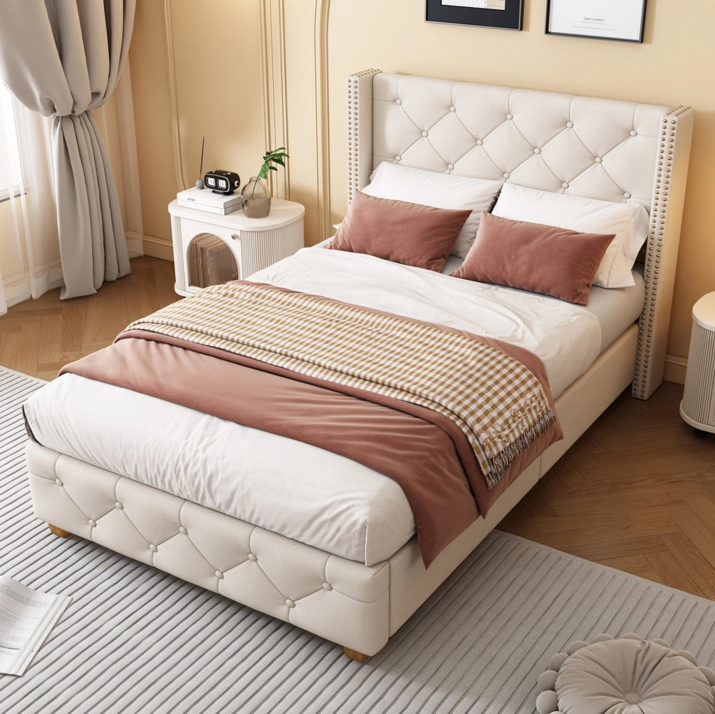 Letto imbottito 90x200 cm; testiera trapuntata e piedi rinforzati; lino beige (Senza materasso)