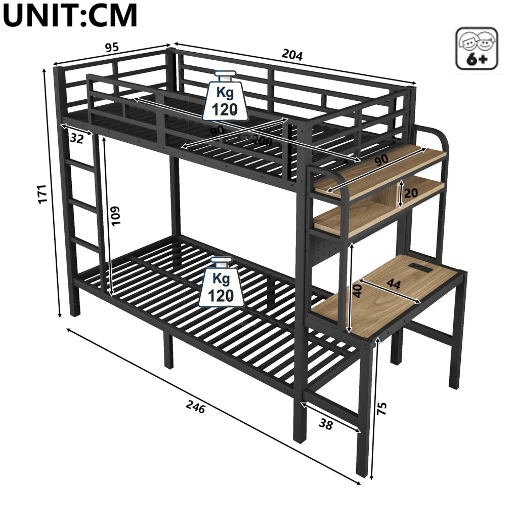 LETTO A CASTELLO 90x200 cm Metallo Nero con scrivania, LED e USB