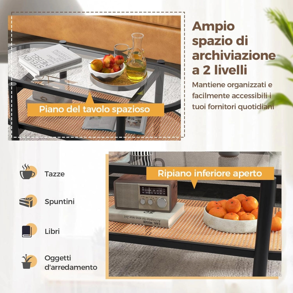 Tavolino da Salotto in Legno Massello e Vetro, Tavolino Basso a 2 Piani con Spazio di Archiviazione, Tavolo Ovale Elegante per Soggiorno e Ufficio (Nero)