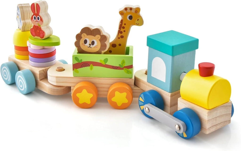 Set di Trenino Impilabile in Legno, Trenino Educativo in Legno Massello, Gioco Educativo in Legno per Bambini 3+ Anni