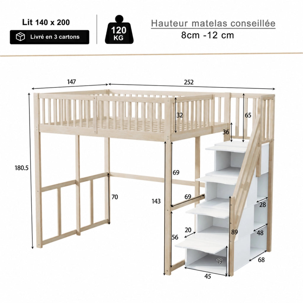 DESMIU Letto a soppalco 2 posti con scala contenitore e barriera, 140 × 200 cm, senza materasso, legno naturale