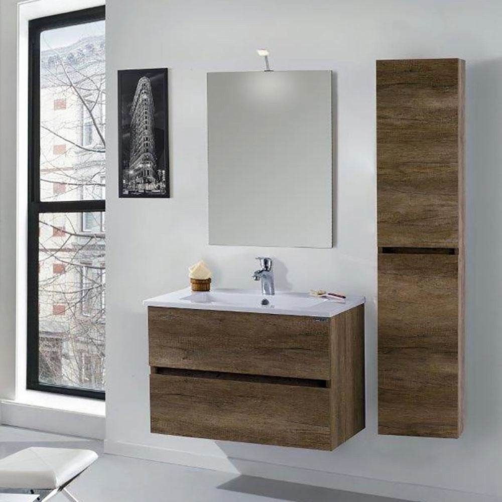 Mobile da Bagno Sospeso 100cm Colonna P32cm Mazzoni Maiorca Light Noce Scuro Frassinato