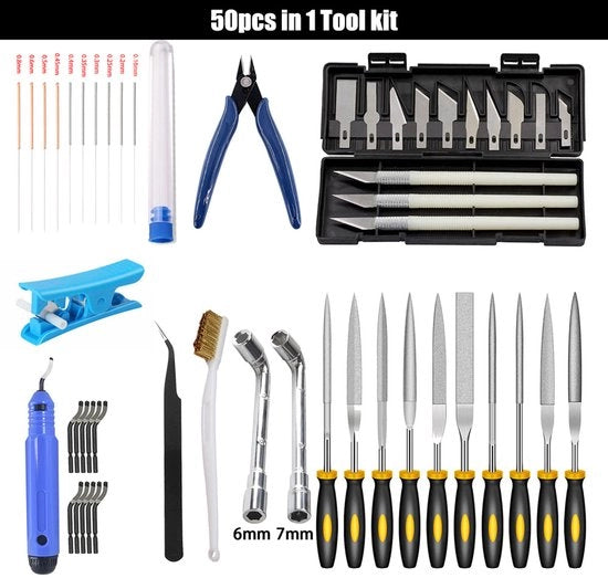 50-in-1 Set di strumenti per stampa 3D: aghi di pulizia, aghi di pulizia, pinza, chiave, lima, taglierini, set di taglio tubi