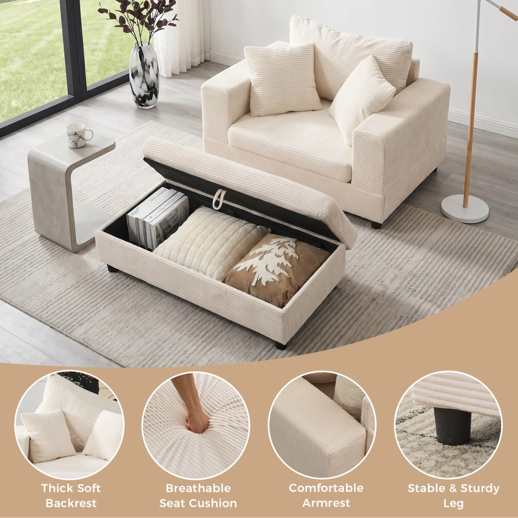 Chaise longue con vano contenitore, seduta imbottita, in tessuto a coste, beige