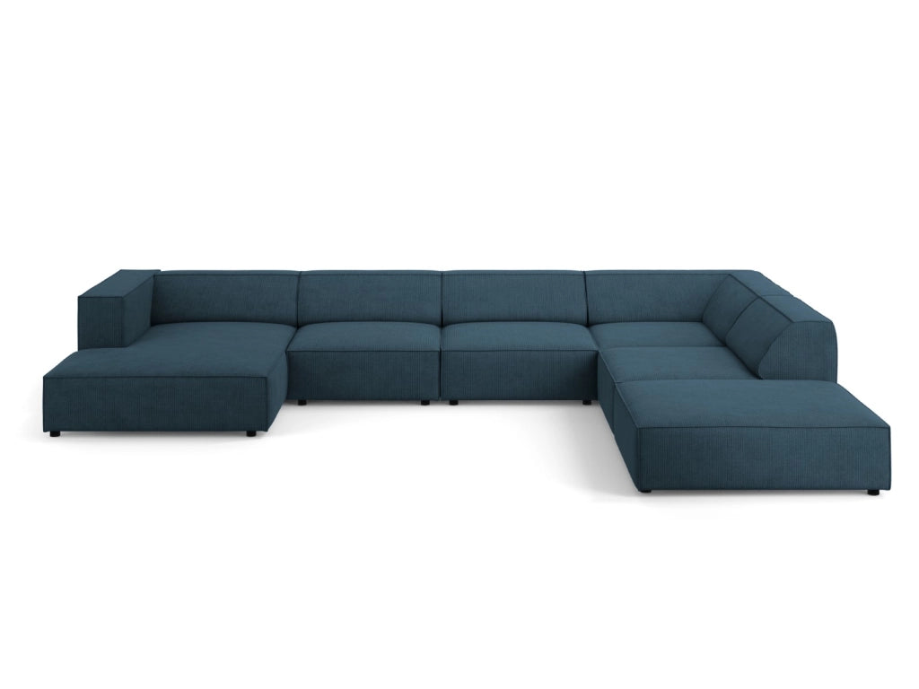 Cosmopolitan Design - Divano panoramico destro "Arendal" 7 posti in ciniglia con effetto a coste blu scuro 