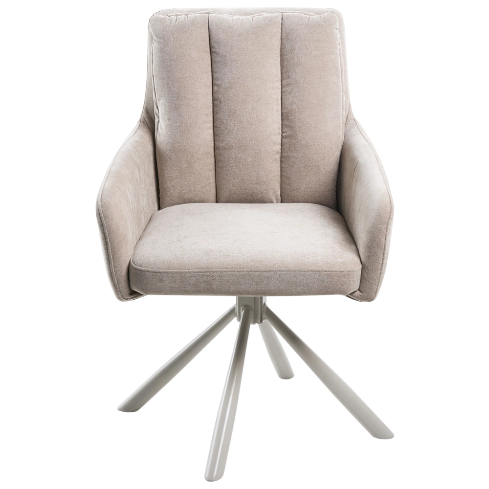 Set di 2 sedie girevoli da pranzo in tessuto beige con braccioli, schienale trapuntato e gambe in metallo, stile retrò-contemporaneo