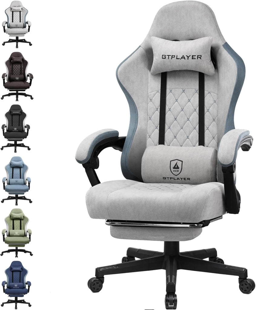 Sedia da gaming, ergonomica, da scrivania, con superficie in tessuto, cuscino a molla, braccioli di collegamento e poggiapiedi, Grigio