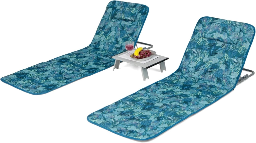 Set 2 Sdraio da Spiaggia con Tavolino, Tappettino Spiaggia Pieghevole con Schienale Reclinabile, Poggiatesta e Tasca Posteriore, Portatile con Manico, per Giardino e Campeggio (Verde)