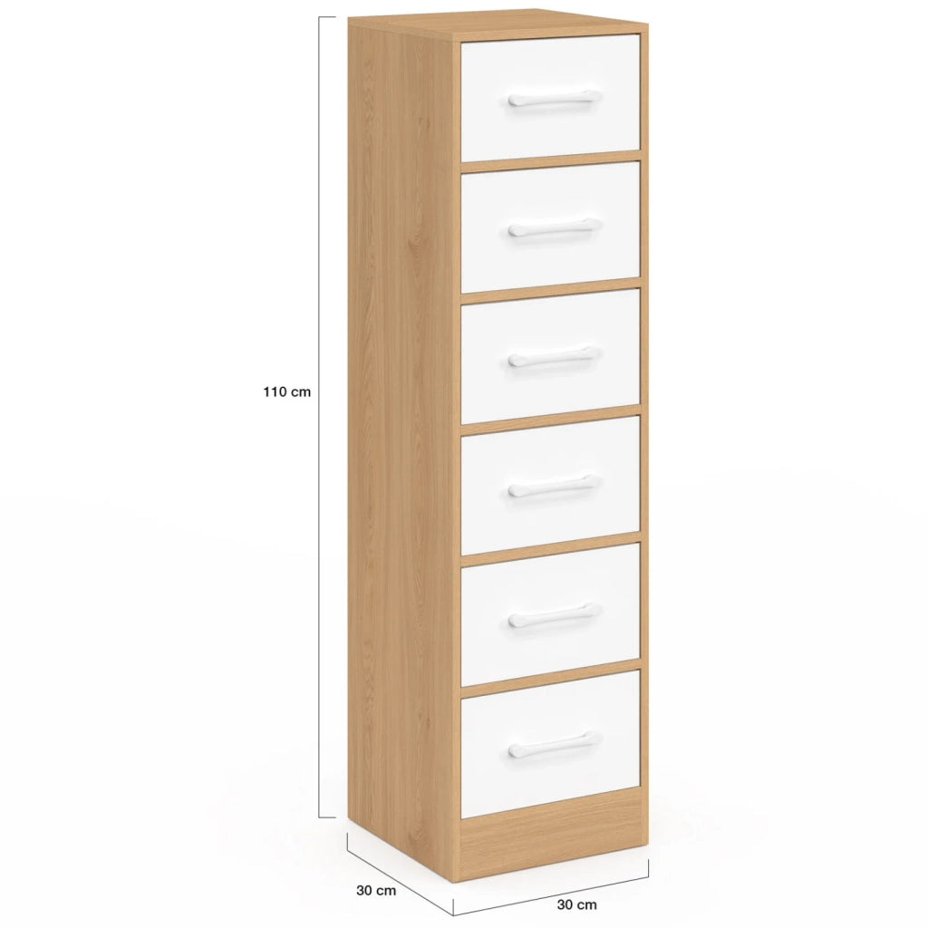 IDMarket - Mobile ausiliario a 6 cassetti UPPAH, cassettiera da 30 cm, mobile contenitore in legno effetto faggio e bianco