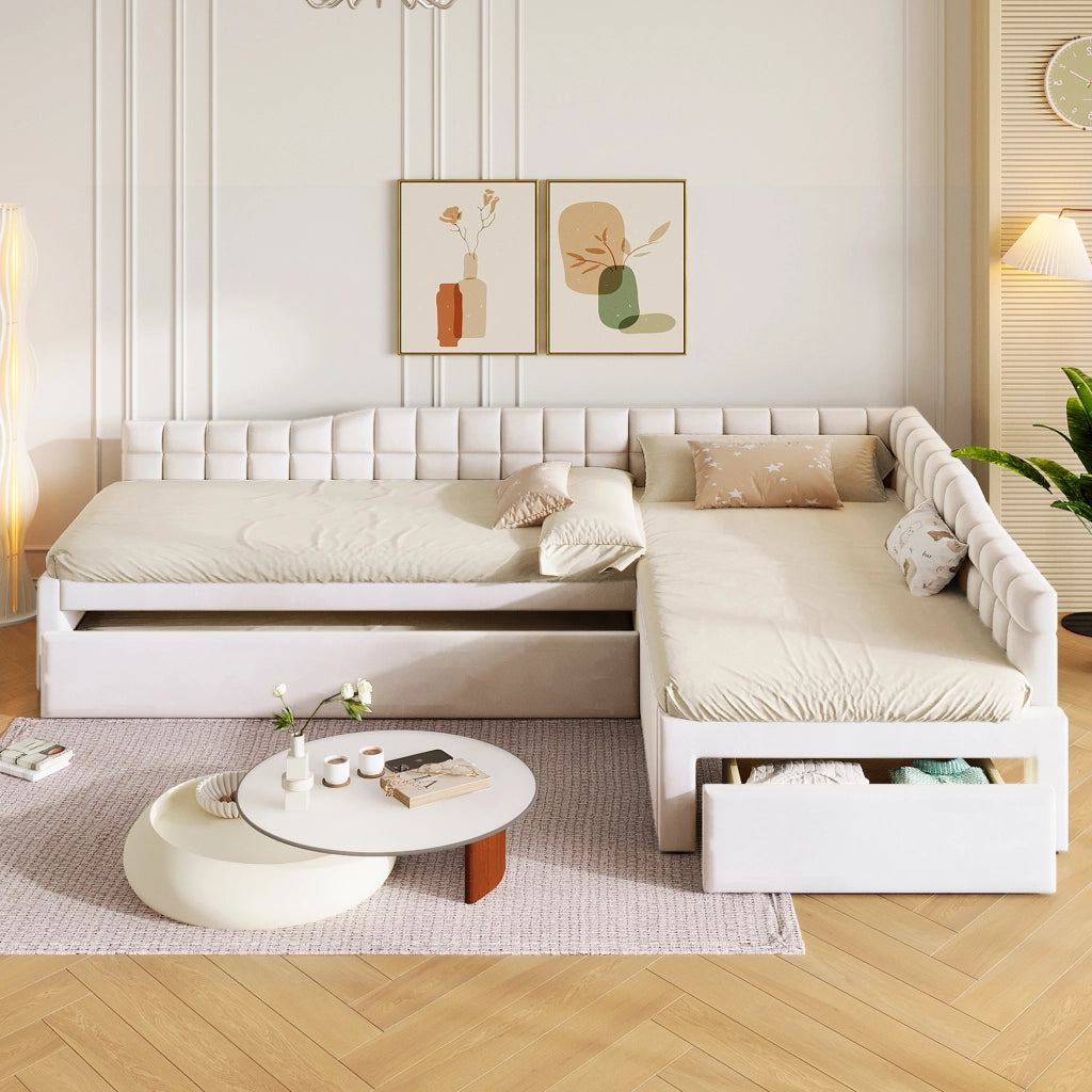 Letto Combinato 90x200 cm e 90x200 cm; con letto estraibile e cassetti in Flanella; Beige