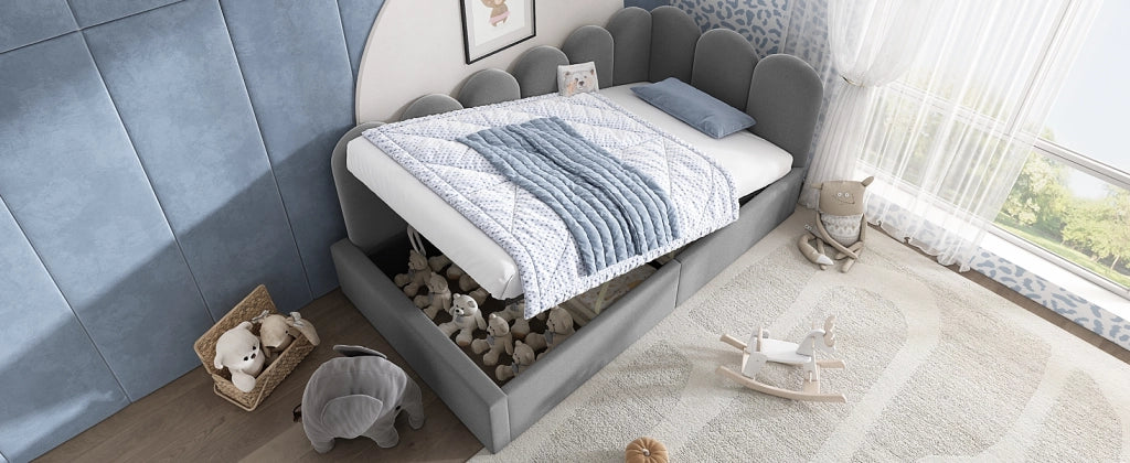 DESMIU Letto Singolo 90 × 190 cm con contenitore idraulico, in velluto, senza materasso, grigio
