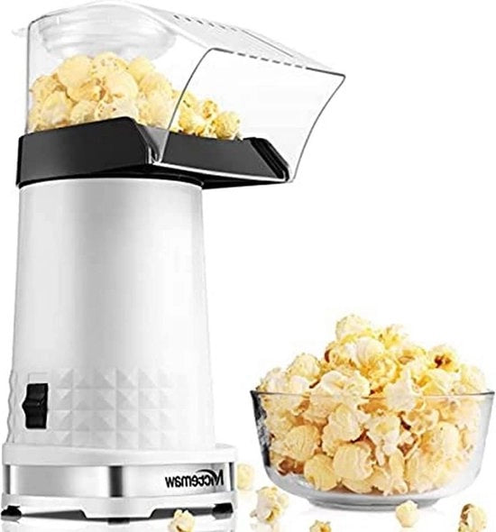 Macchina per Popcorn Elettrica 1200 W con Misurino e Coperchio Rimovibile - Aria Calda Senza Olio Bianco Necessario