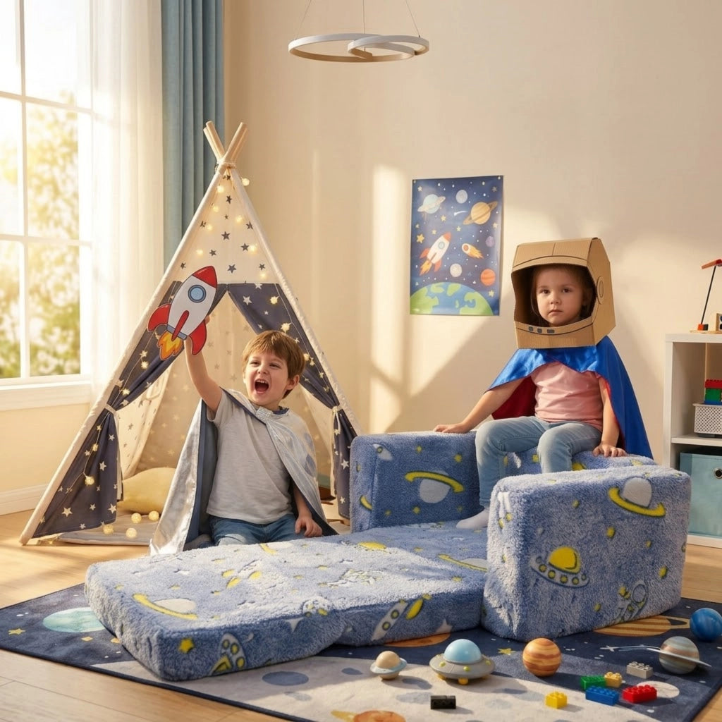 Poltrona pieghevole per bambini con funzione luminosa e motivo astronauta in tessuto e metallo blu verde bianco