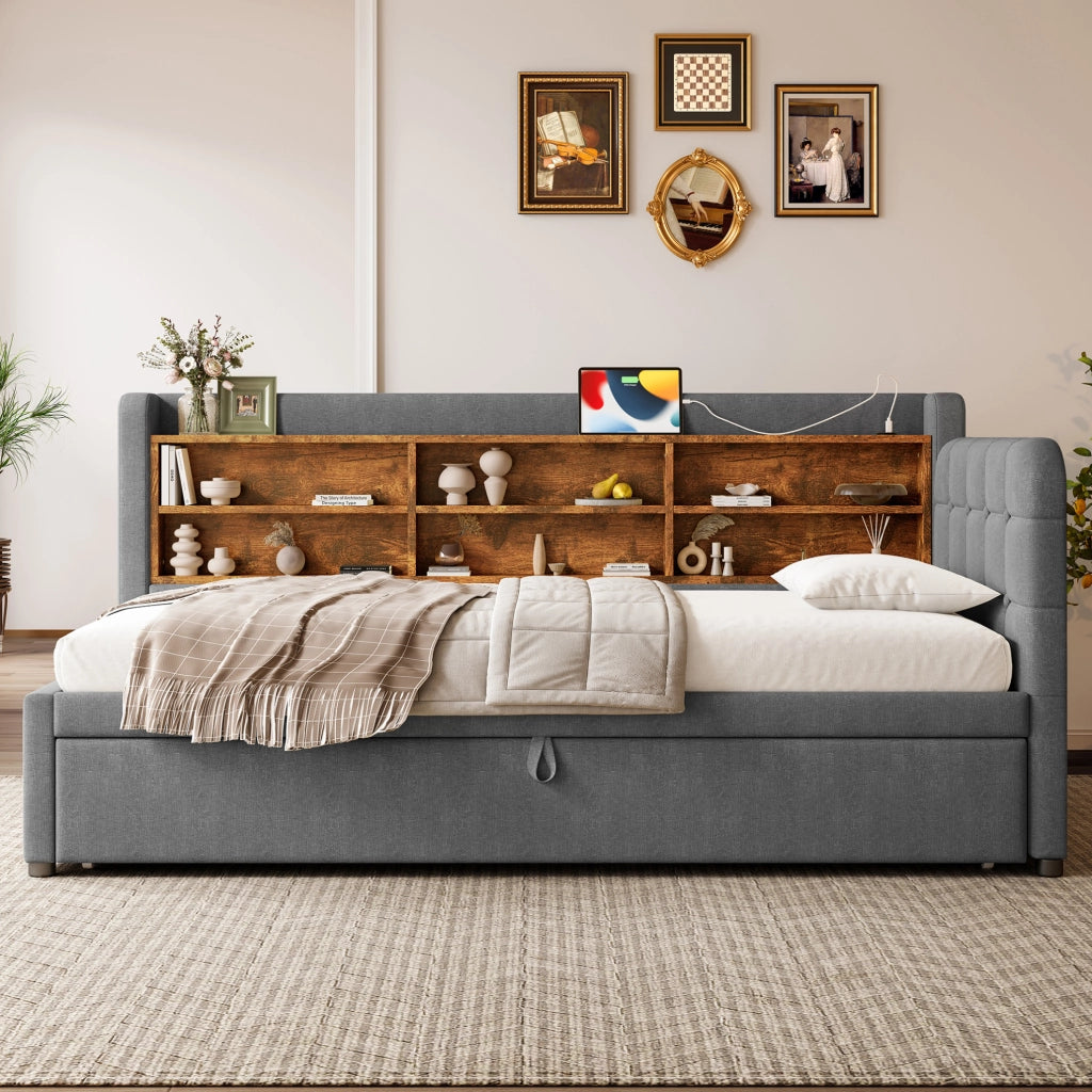 Letto estraibile 90x200 cm grigio con USB-C, vani portaoggetti e rete