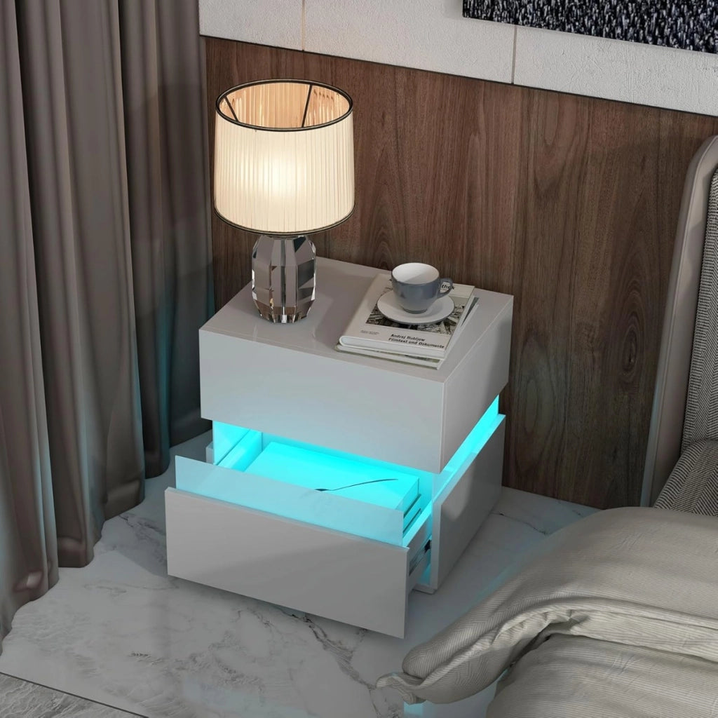 Tavolino comodino a LED con cassetti e telecomando, Comodino con 22 modalit¨¤ di luce, 10 velocit¨¤ e 5 luminosit¨¤ Bianco