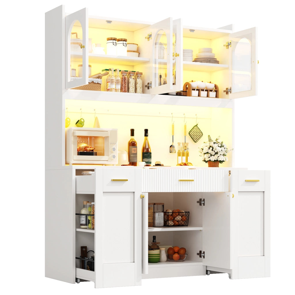 Credenza con 3 vetrine; LED RGB e vani scorrevoli - per cucina - 120x40x187 cm - bianco
