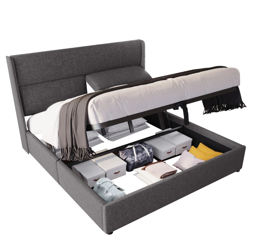 Letto matrimoniale 160x200 cm con testiera regolabile; contenitore idraulico in lino grigio