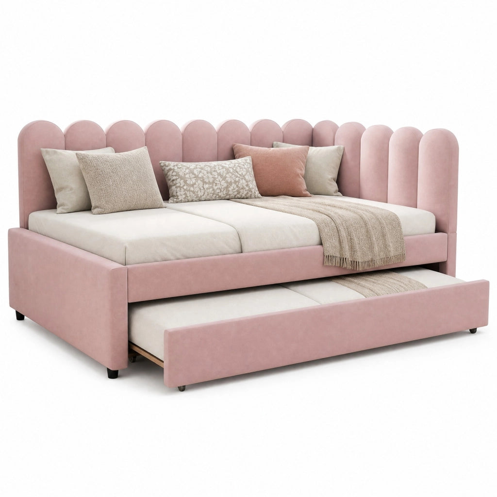 Letto imbottito angolare con letto estraibile 140x200 cm in velluto rosa