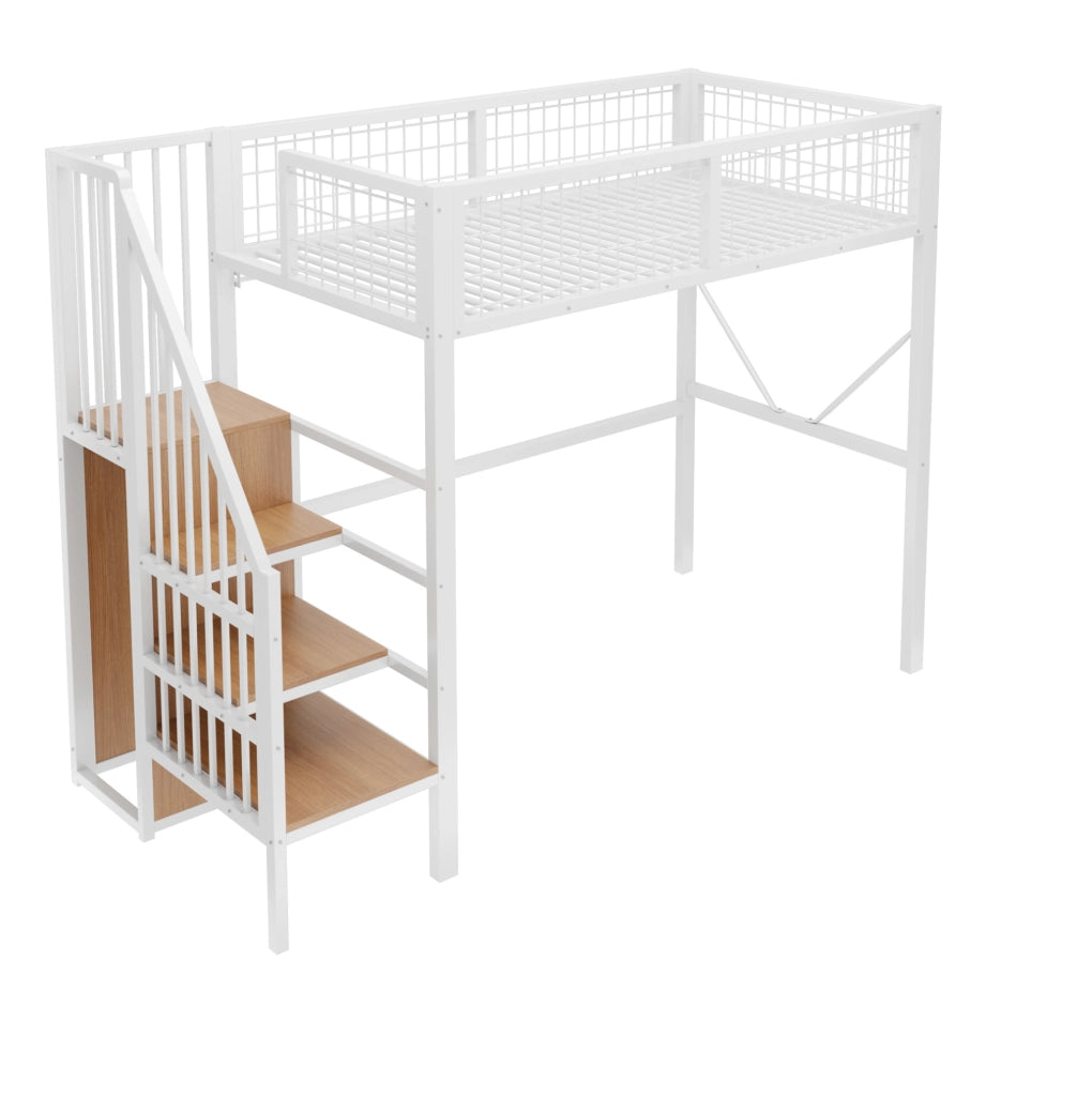 Letto a soppalco 90x200 cm con LED e scala contenitore in metallo bianco