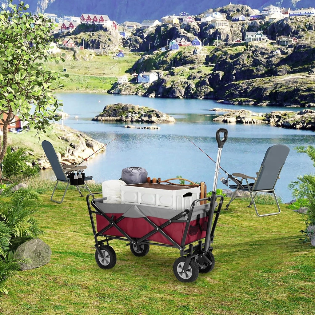 Carrello da Giardino Pieghevole, con Maniglia Regolabile, Carrello da Spiaggia Portatile con Tasche Laterali per Spesa, Picnic, Adatto a Vari Suoli, Portata 80 kg, Fucsia+Grigio