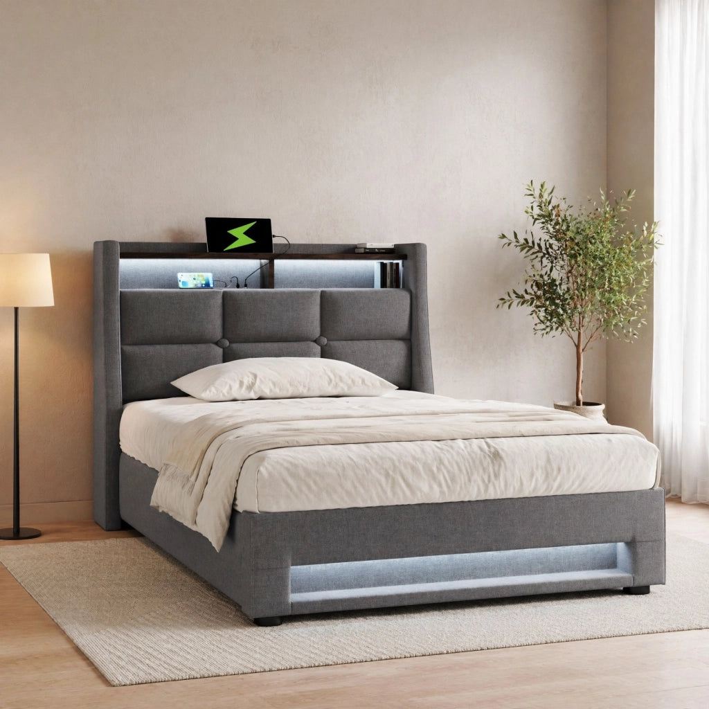 Letto imbottito singolo 90x200 cm con LED, USB e vano contenitore in lino grigio