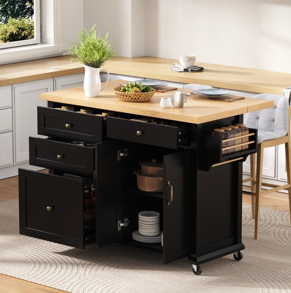 Isola da cucina 107x45-70x90.5 cm con piano estraibile in MDF nero e naturale