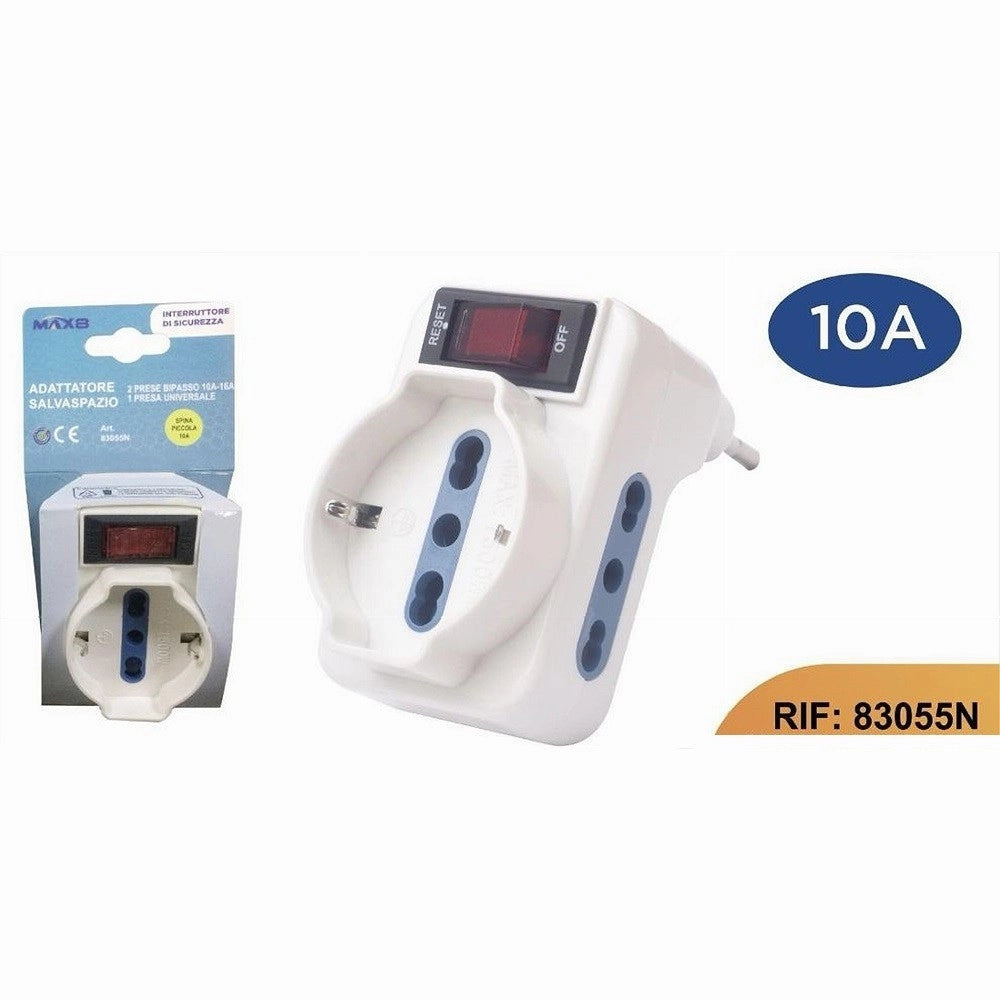 Trade Shop - Adattatore Con Interruttore Spina 10a 2 Bipasso 10/16a 1 Presa Universale 10/16a 83055n -