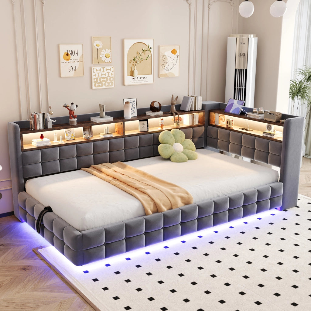DESMIU Letto Divano 1 Posto con Contenitore, Mensole, USB, Tipo C e LED 90 × 200 cm, senza materasso