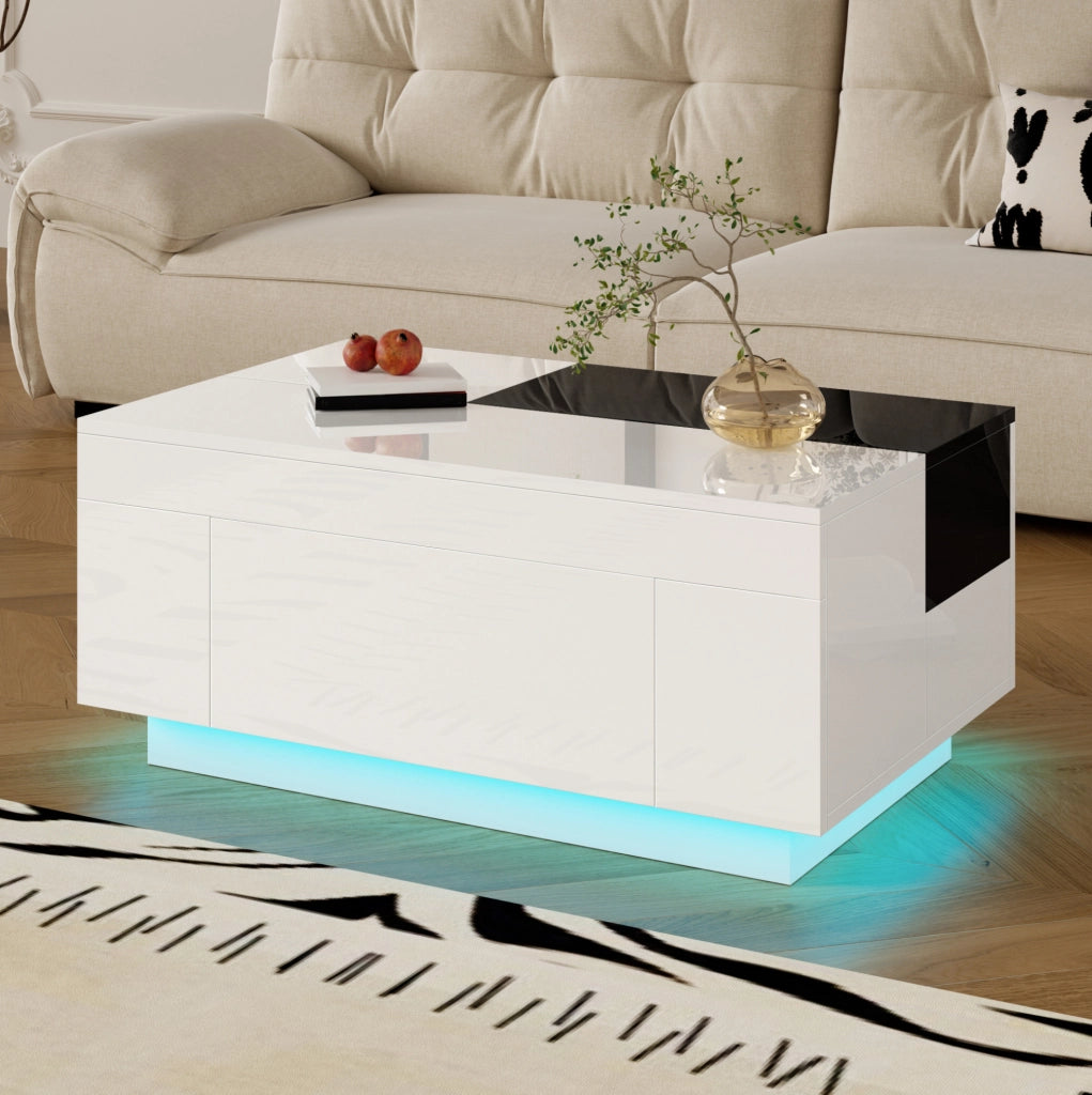 Tavolino 80x50x35,5 cm nero e bianco, con LED e contenitore, MDF lucido