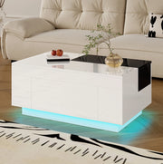 Tavolino 80x50x35,5 cm nero e bianco, con LED e contenitore, MDF lucido