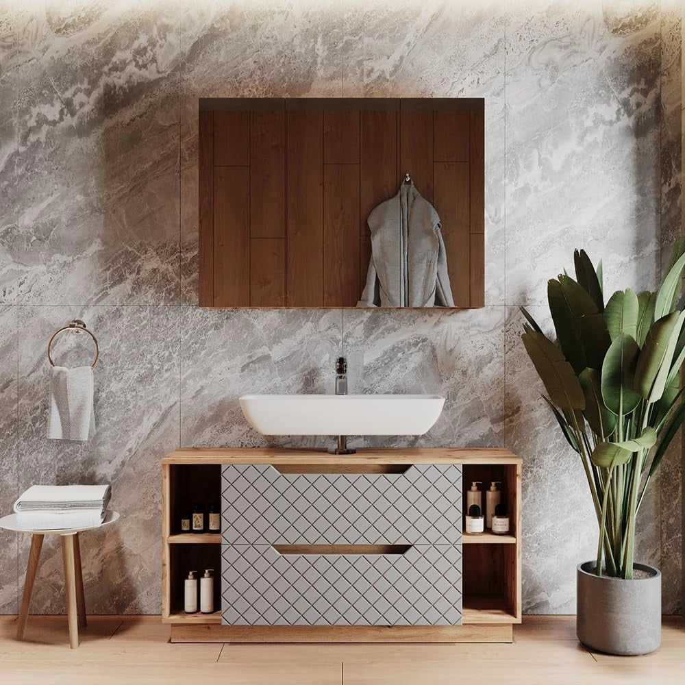 Set di mobili da bagno Lotta, Rovere/grigio con struttura in piastrelle, 2 parti
