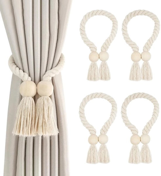 Pacchetto di 4 cordoni per tende in legno - cordoni per tende in cotone artigianali - cordoni per tende multifunzionali con piumini - adatti per tende da cucina, decorazioni