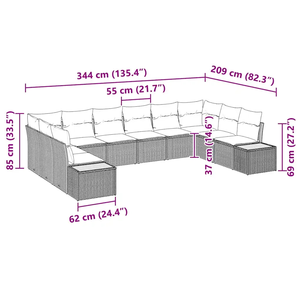 Set Divano da Giardino con cuscino 10 pcs Nero Poly Rattan 3348173