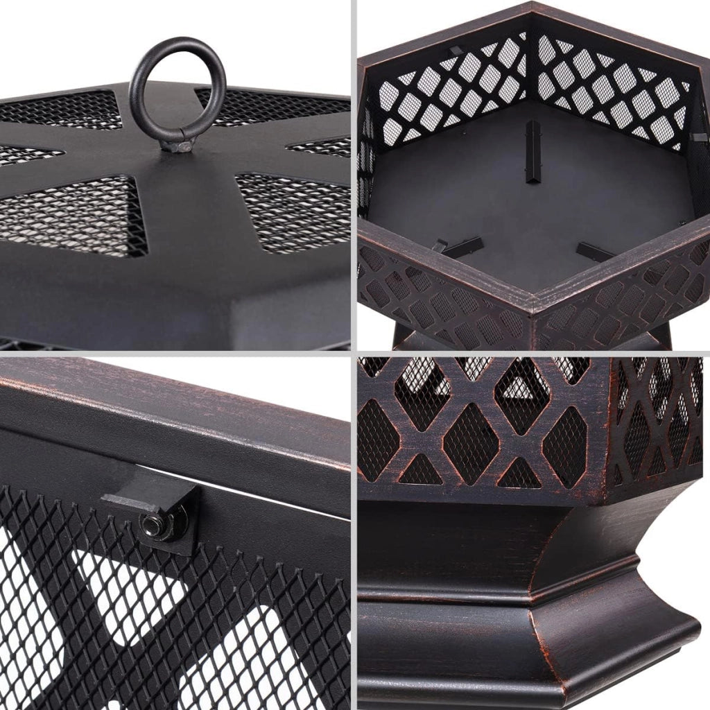 ® Braciere Esagonale 70x60,5cm Acciaio Parascintille Attizzatoio Bracieri Esterno Giardino