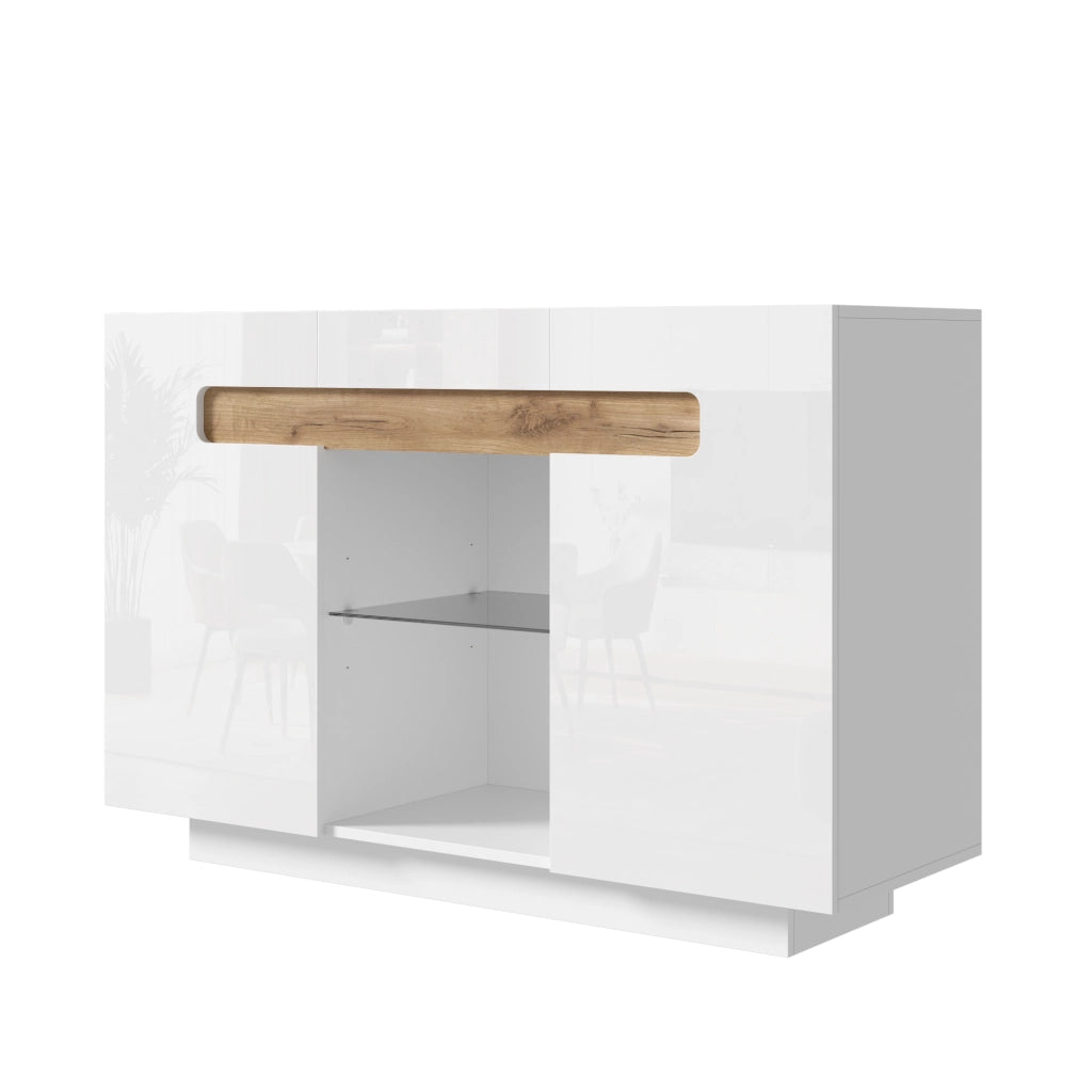 Credenza moderna con LED, fronti lucide, 120 ¡Á 40 ¡Á 80 cm, bianco e effetto legno naturale