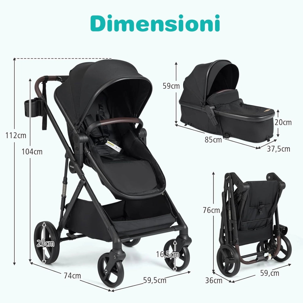 2 in 1 Passeggino Leggero Pieghevole per Bambini, con Schienale Regolabile, Sedile Reversibile, Tettuccio, Cestello Portaoeggetti, per Neonati per 0-36 Mesi (Nero)
