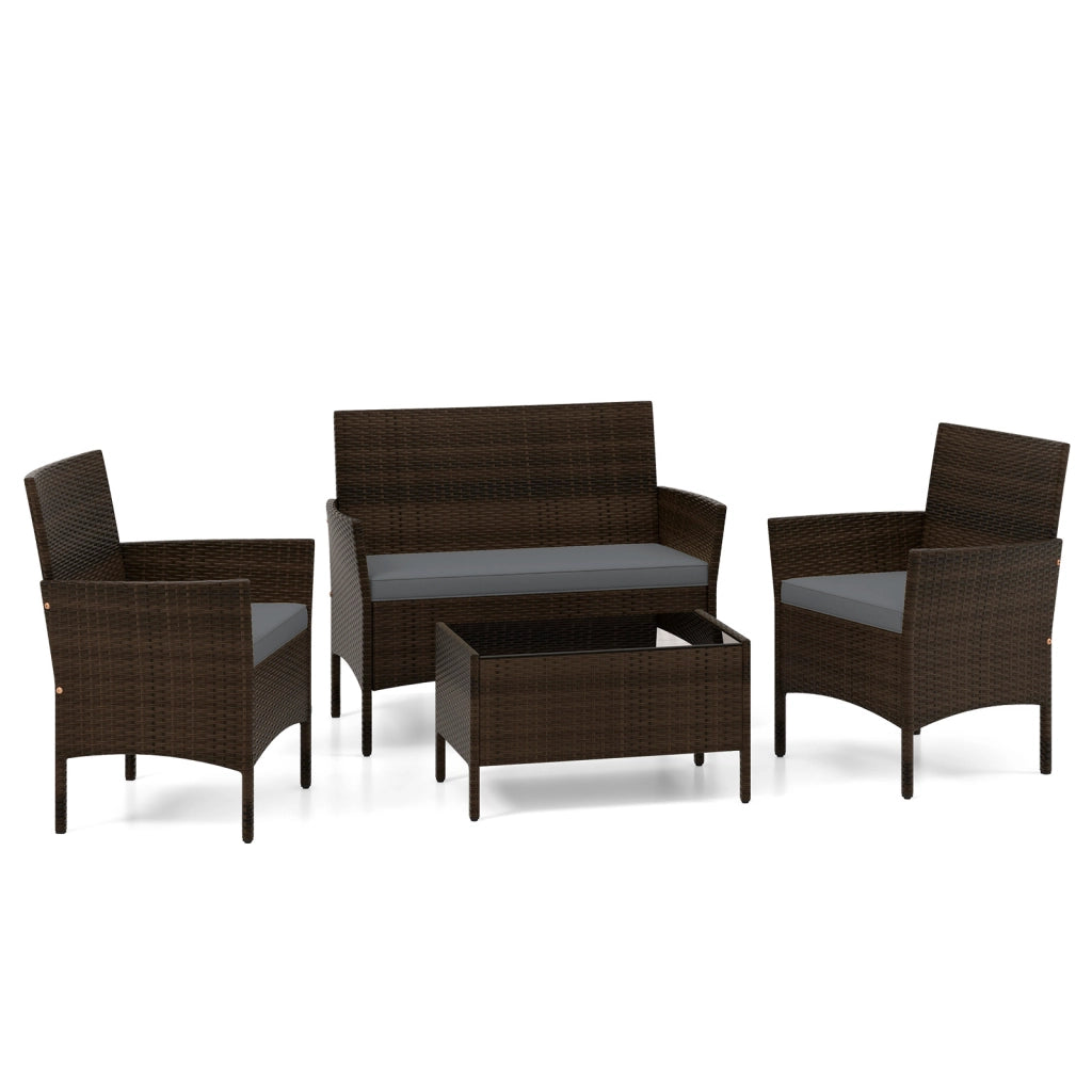 Set da conversazione in rattan per patio 4 pezzi con cuscini morbidi, Mobili da esterno modulari per giardino e veranda Grigio