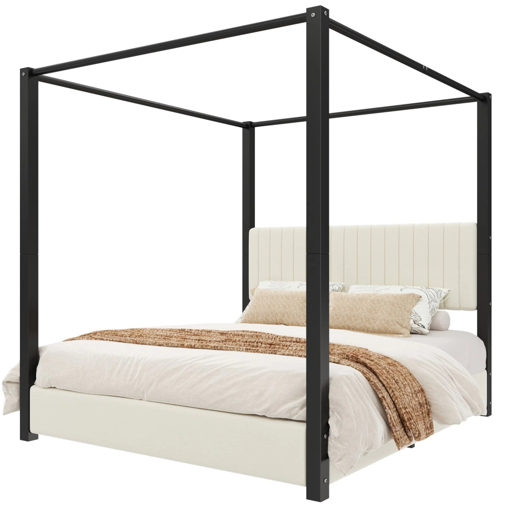 Letto a baldacchino 180x200 cm con testiera in velluto MDF e metallo beige e nero