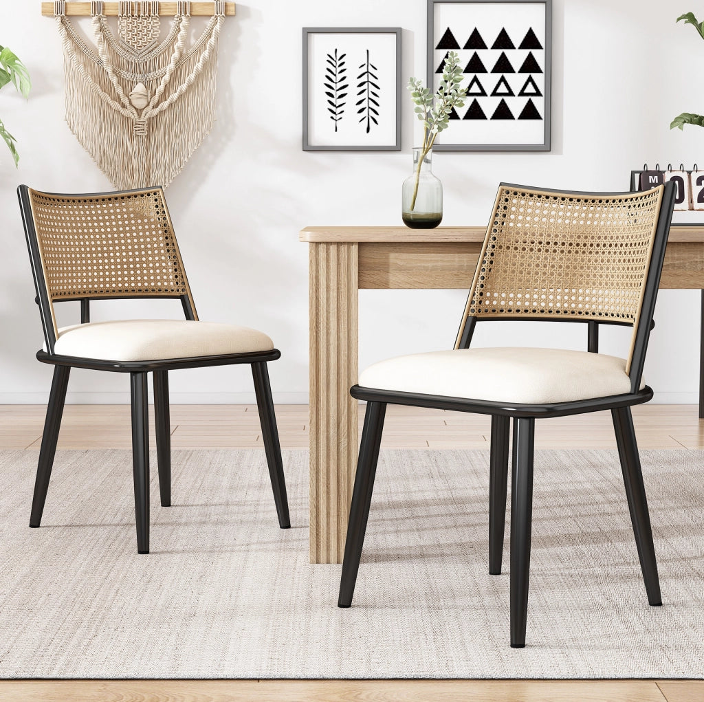 Set di 4 sedie in rattan con seduta in PU; nero