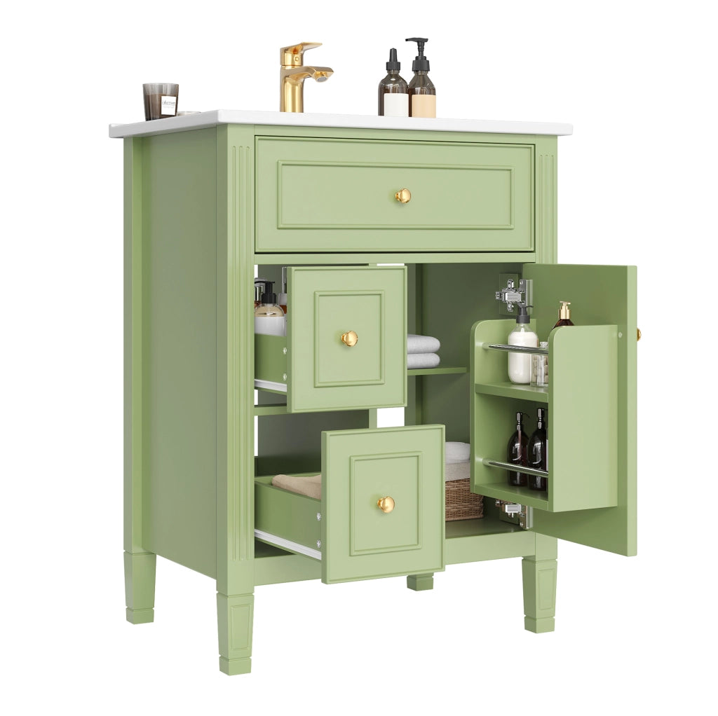 Mobile bagno freestanding 61 cm in MDF e ceramica; verde lucido; con lavabo e 2 cassetti