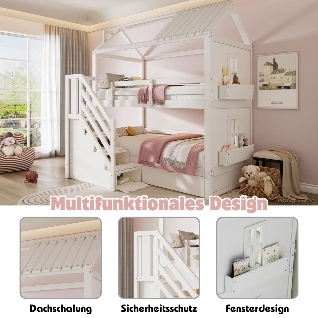 Letto a Castello 90x200 cm; Contenitore; Cassetti e Ripiani; in Legno e MDF; Bianco
