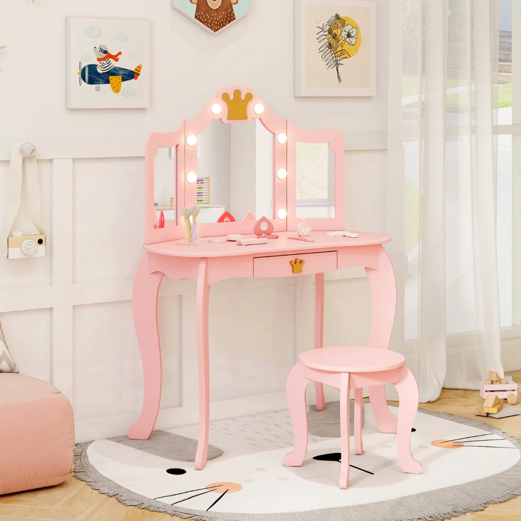 Set da trucco per bambini con specchio illuminato, Set da trucco con tavolo e sedia con specchio Rosa