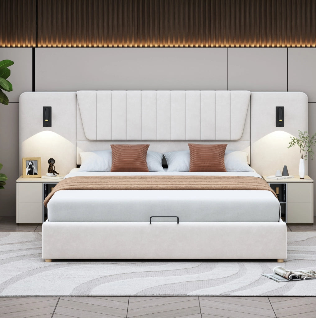 Letto matrimoniale imbottito 180x200 cm beige con contenitore