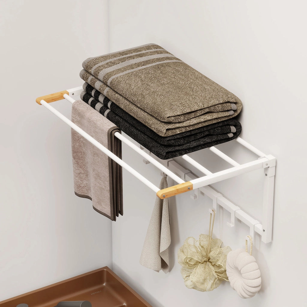 Portasciugamani a Parete Pieghevole con 5 Barre e 6 Ganci ¨C Zephmum ¨C Legno e Acciaio, Bianco, 60x32.5x20 cm