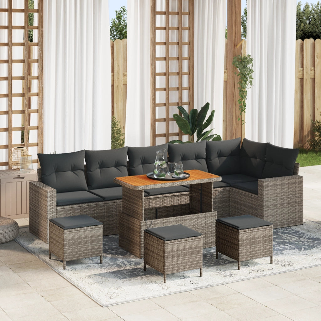 Set Divano da Giardino  10 Pezzi con Cuscini Grigio Polyrattan Acacia